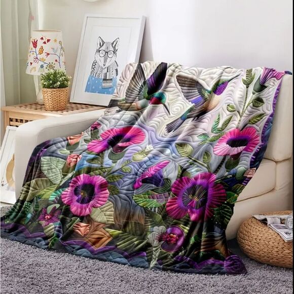 💥RESTOCK!💥Beautiful Hummingbird Digital Print Fleece Flannel Blanket 50" x 60" - Picture 3 of 4